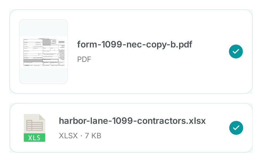 Two uploaded files in MailMergic: the PDF form-1099-nec-copy-b.pdf and the spreadsheet harbor-lane-1099-contractors.xlsx