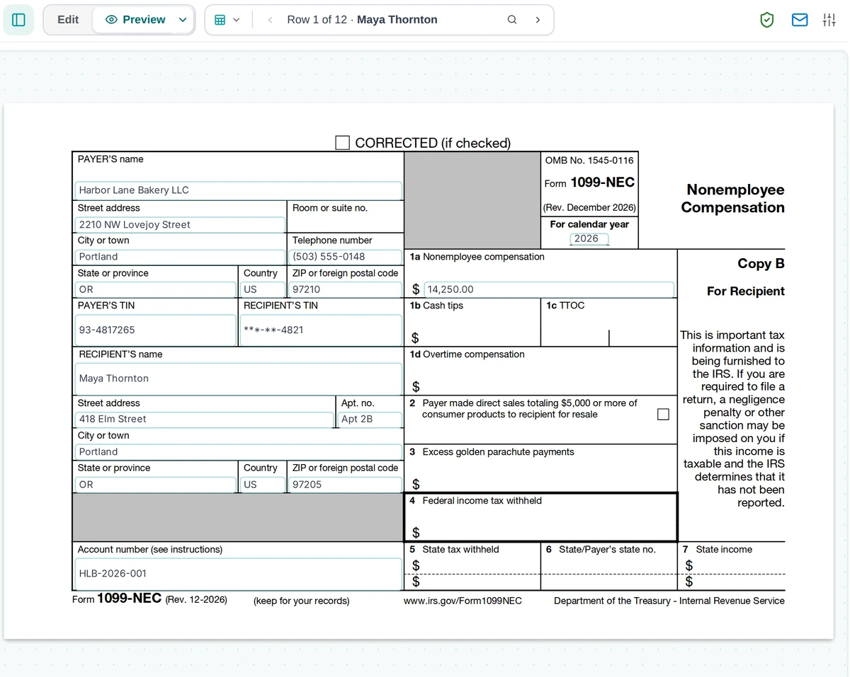The MailMergic editor previewing row 1 of 12, Maya Thornton: a Form 1099-NEC Copy B with payer, recipient, TIN and box 1a filled in