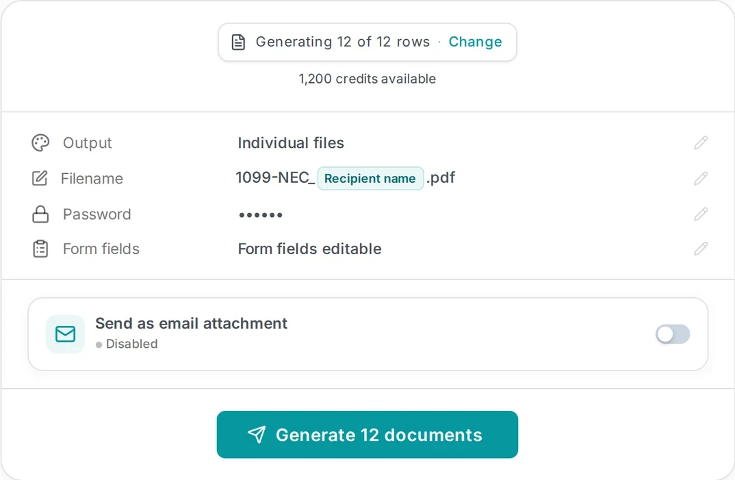 The Generate step: 12 documents, file names built from the recipient name column, a password set and form fields kept editable