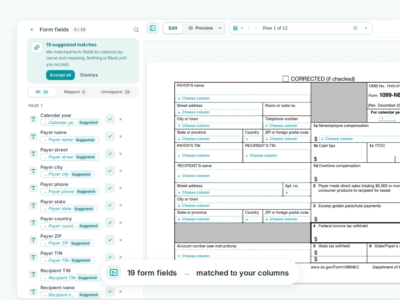 MailMergic listing the 19 form fields of a Form 1099-NEC Copy B, each with a suggested spreadsheet column and an Accept all button