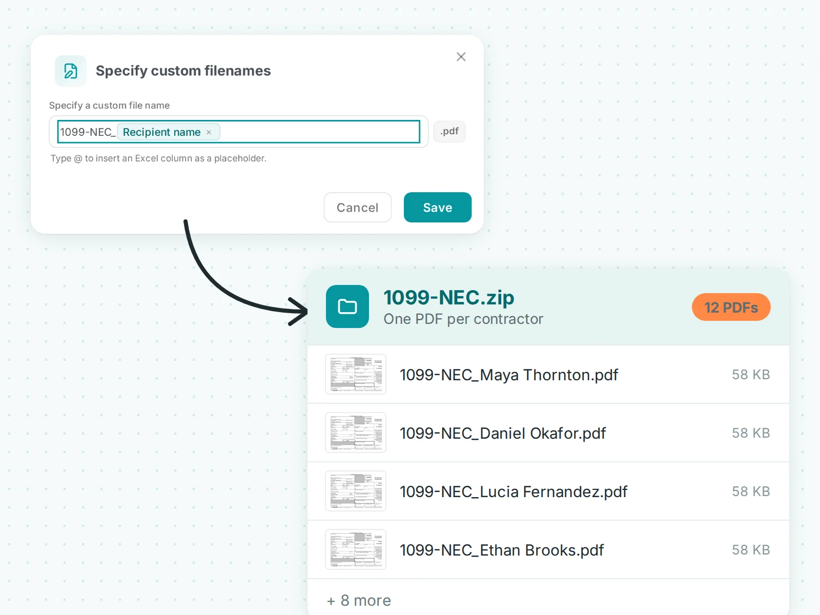 The custom file name 1099-NEC_ followed by the Recipient name column, and the ZIP it produces with 12 PDFs such as 1099-NEC_Maya Thornton.pdf