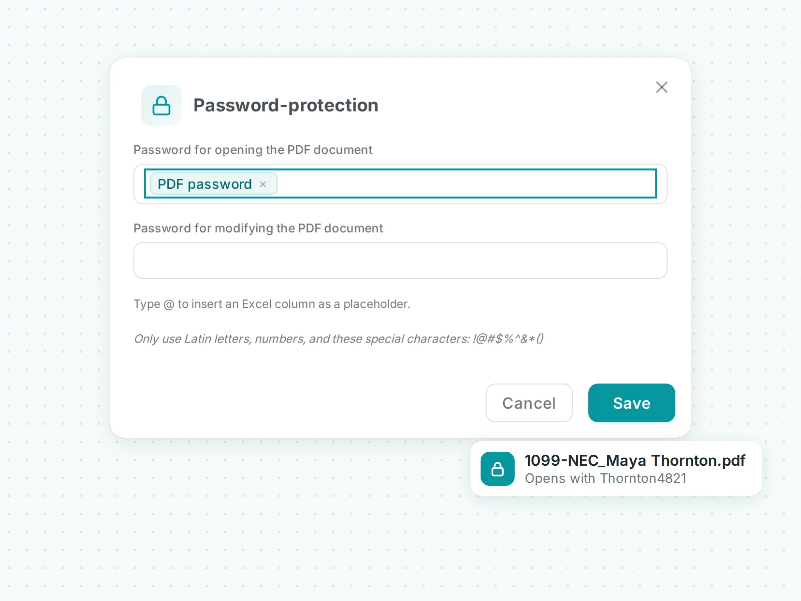 MailMergic's password setting with the PDF password column as the password for opening, and the result: 1099-NEC_Maya Thornton.pdf opens with Thornton4821