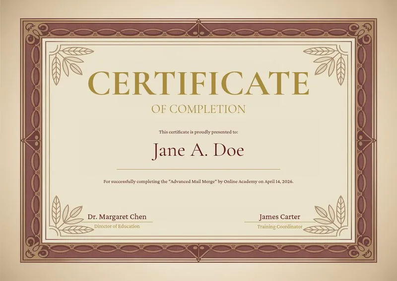 Victorian Gold Engraving certificate design, ornate brown and gold engraved Victorian border