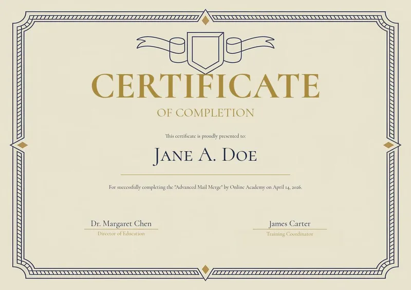 Heraldic Crest certificate design, navy border with a heraldic shield crest at the top