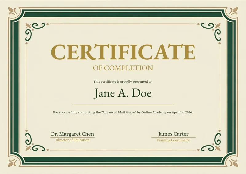 Academic Diploma certificate design, deep green border with a gold inner rule