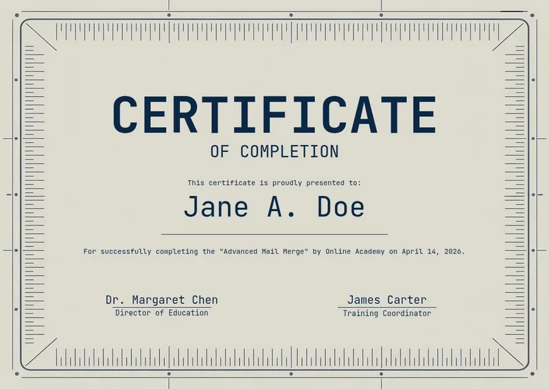 Engineering Technical certificate design, ruled technical border with measurement ticks in navy