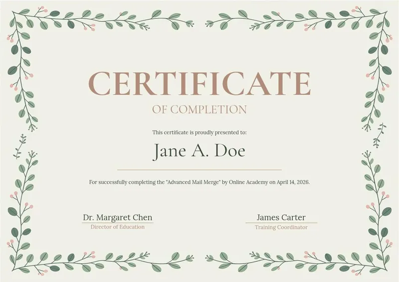 Botanical Watercolor certificate design, hand-painted green leaf and vine border