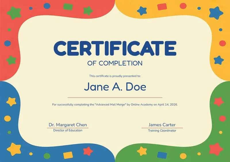 Children's Award certificate design, playful multicoloured border with stars and confetti