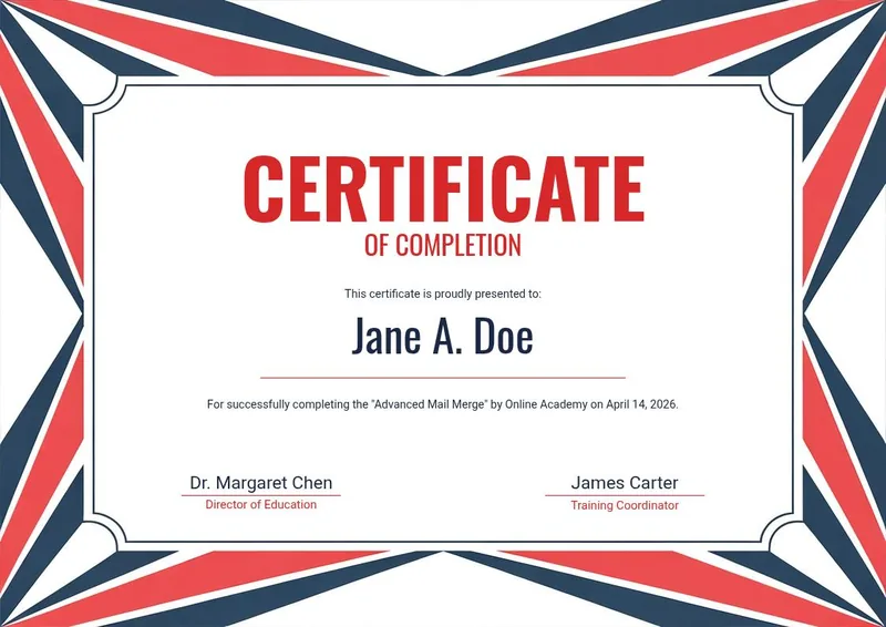 Sports Achievement certificate design, bold red, white and navy diagonal ribbon border