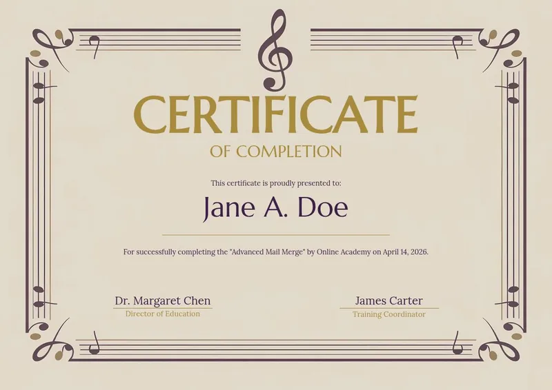 Music Conservatory certificate design, ornate border with a treble clef and musical notes