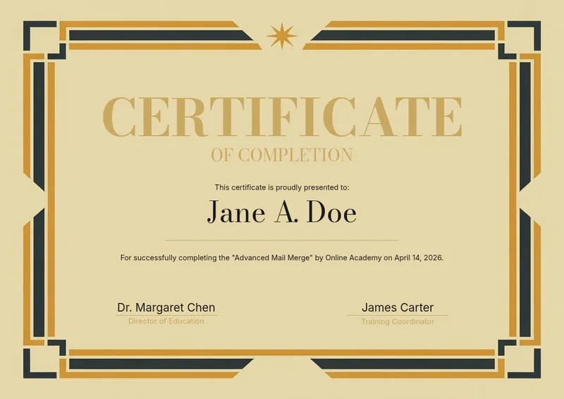 Film Festival Award certificate design, black and gold art deco border with a star motif