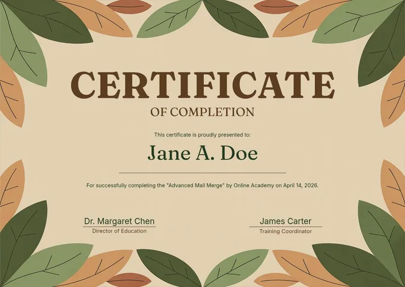 Eco Sustainable certificate design, olive and terracotta leaf border