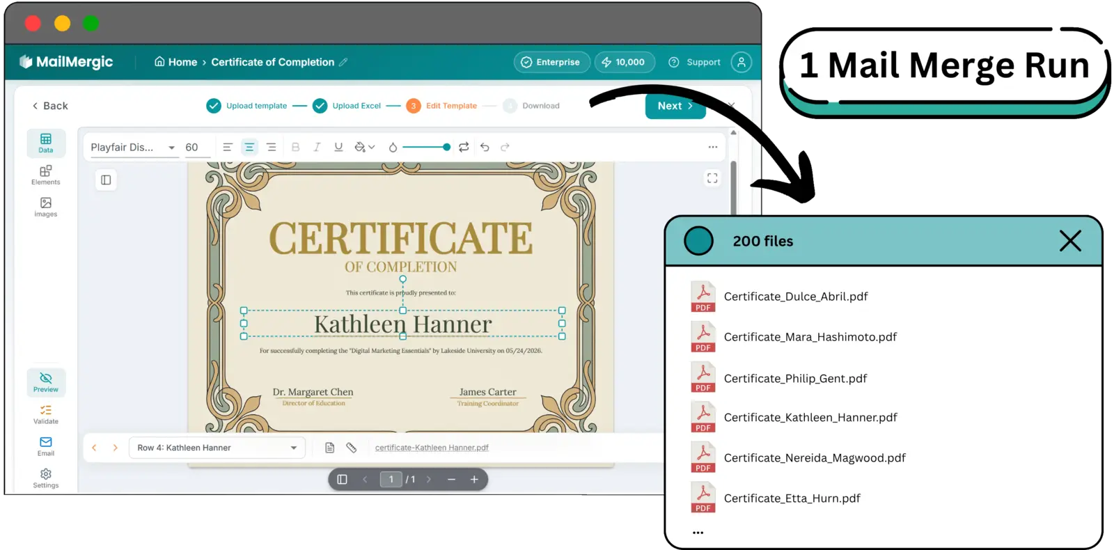 The MailMergic editor showing a student spreadsheet on the left, a certificate template with mapped data fields in the center, and a grid of generated per-student certificate PDFs on the right