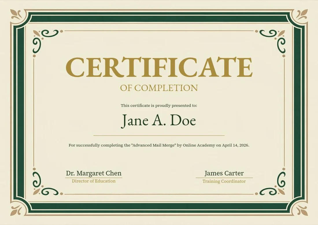 Course completion certificate with a deep green and gold border, made out to a sample student