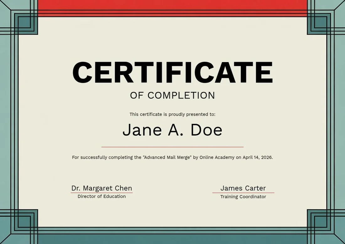 Training certificate with a clean teal and charcoal modernist border, made out to a sample participant