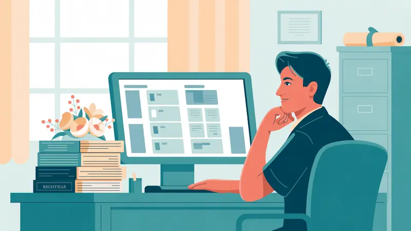 Uma pessoa da secretaria acadêmica analisa uma planilha de alunos em um monitor, com uma pilha de certificados prontos sobre a mesa