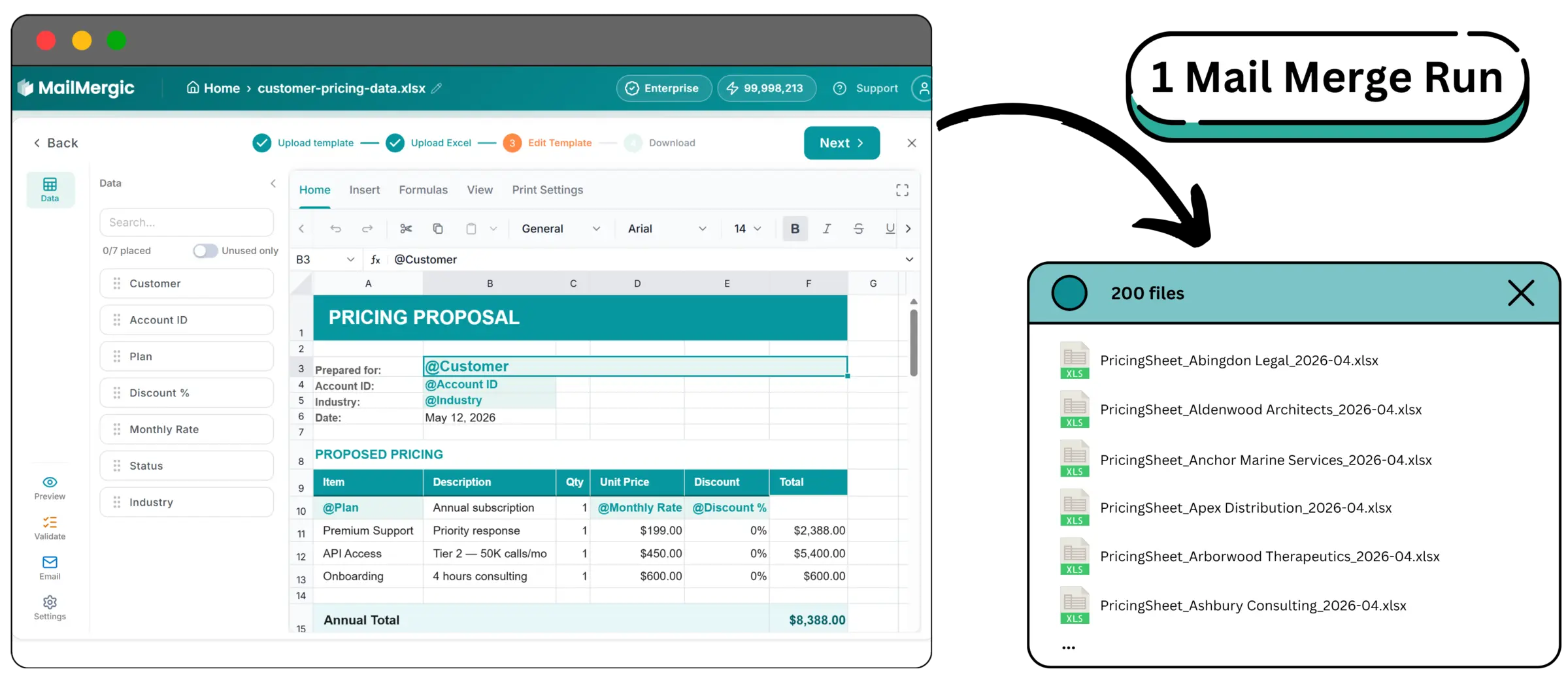 MailMergic Excel editor showing a customer data sheet with 200 rows on the left, and 200 personalized Excel files generated as output on the right, with custom filenames including each customer's name