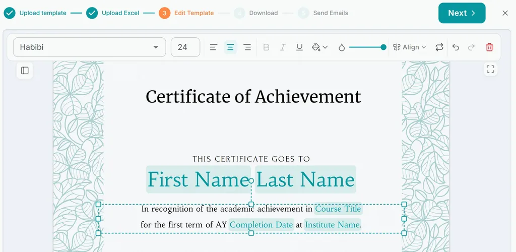 The MailMergic editor showing a certificate template with merge fields mapped from an Excel spreadsheet