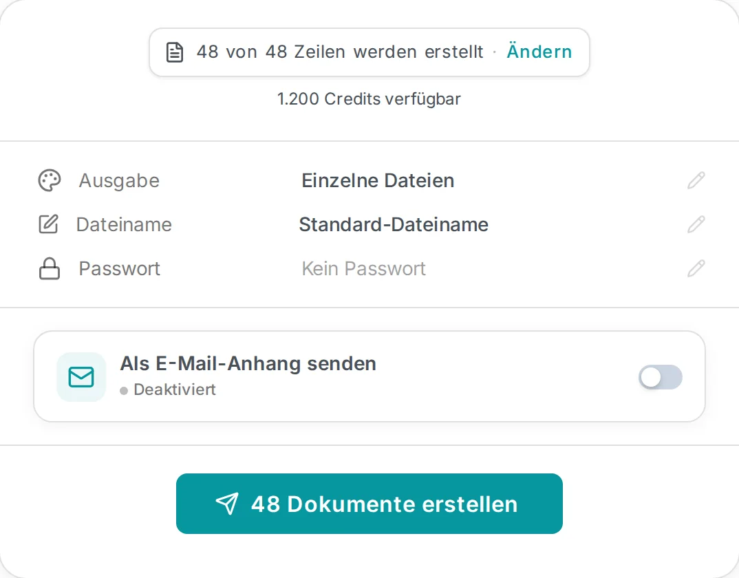 MailMergic bereit, 48 Dokumente zu erstellen, eines pro Tabellenzeile