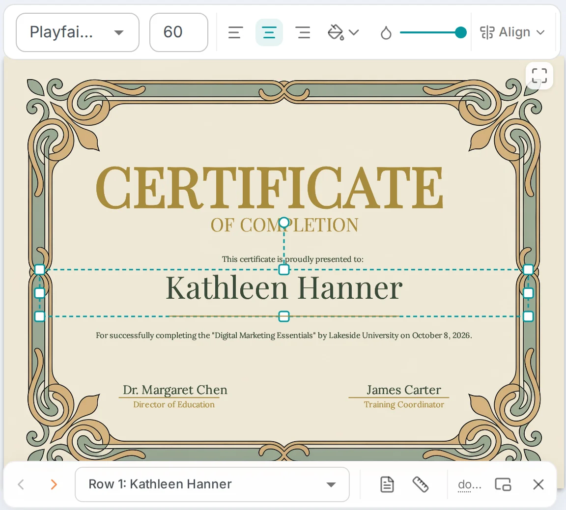 MailMergic editor previewing a certificate filled with the first row of the spreadsheet