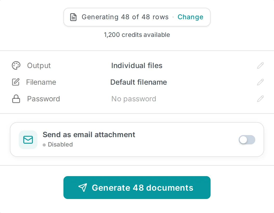 MailMergic ready to generate 48 documents, one per spreadsheet row