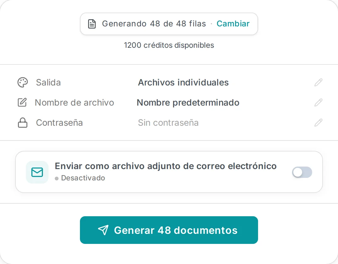 MailMergic listo para generar 48 documentos, uno por fila de la hoja de cálculo