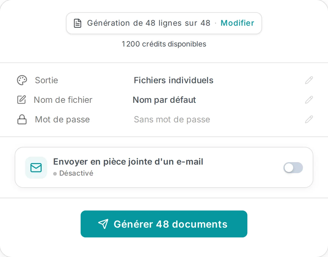 MailMergic prêt à générer 48 documents, un par ligne du tableur