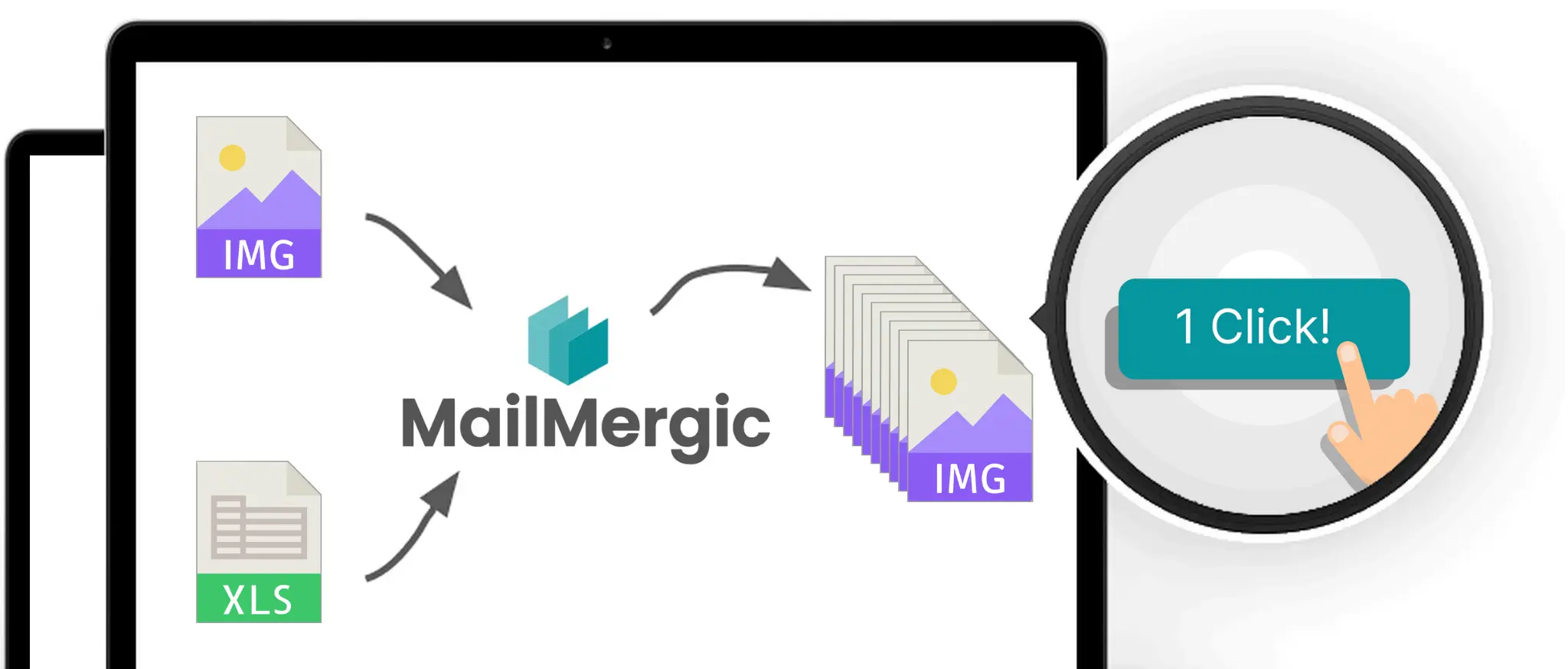 Image mail merge in MailMergic: a single PNG template with @first_name and @certificate_id merge fields, expanding into hundreds of personalized output images from a spreadsheet.