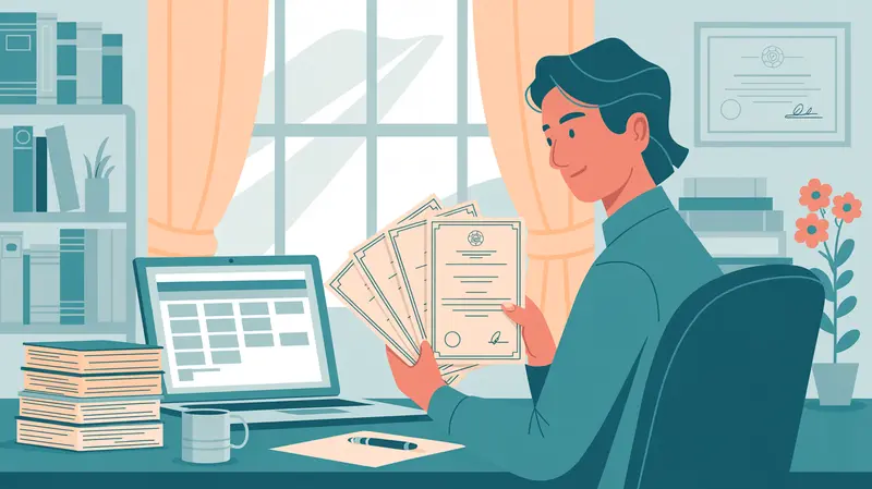 A university administrator at a desk holding a fan of completed course certificates, with a laptop showing a student spreadsheet and a stack of additional certificates ready for distribution