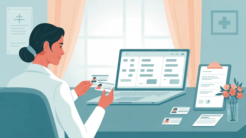 A healthcare administrator at a medical office desk reviewing patient ID cards, with a laptop showing a patient management screen and appointment reminder cards stacked on the desk