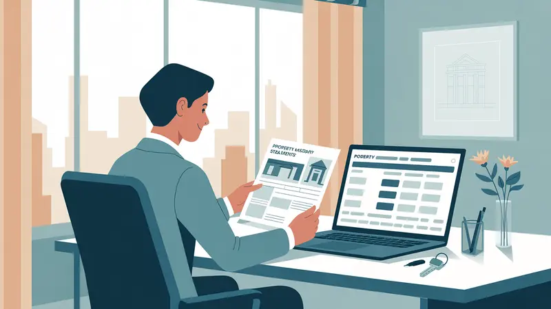 A property manager at a desk reviewing personalized property listing flyers and tenant statements, with a laptop showing a property management spreadsheet and a small set of keys on the desk
