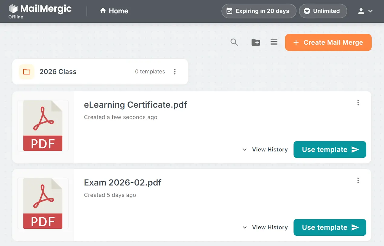 Aplicativo MailMergic Offline com modelos e pastas