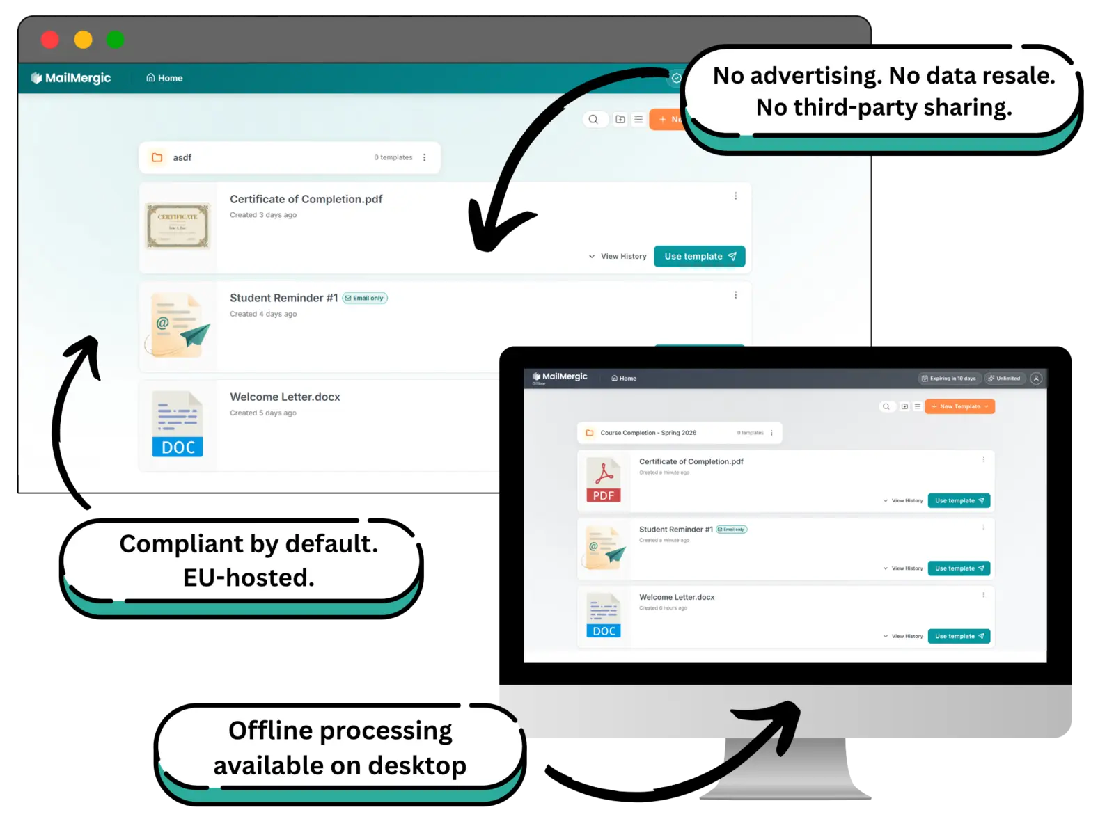 Die MailMergic Offline-Desktop-App läuft lokal mit DSGVO-, CCPA- und FERPA-Konformitäts-Badges und zeigt, dass Empfängerdaten im lokalen Netzwerk bleiben