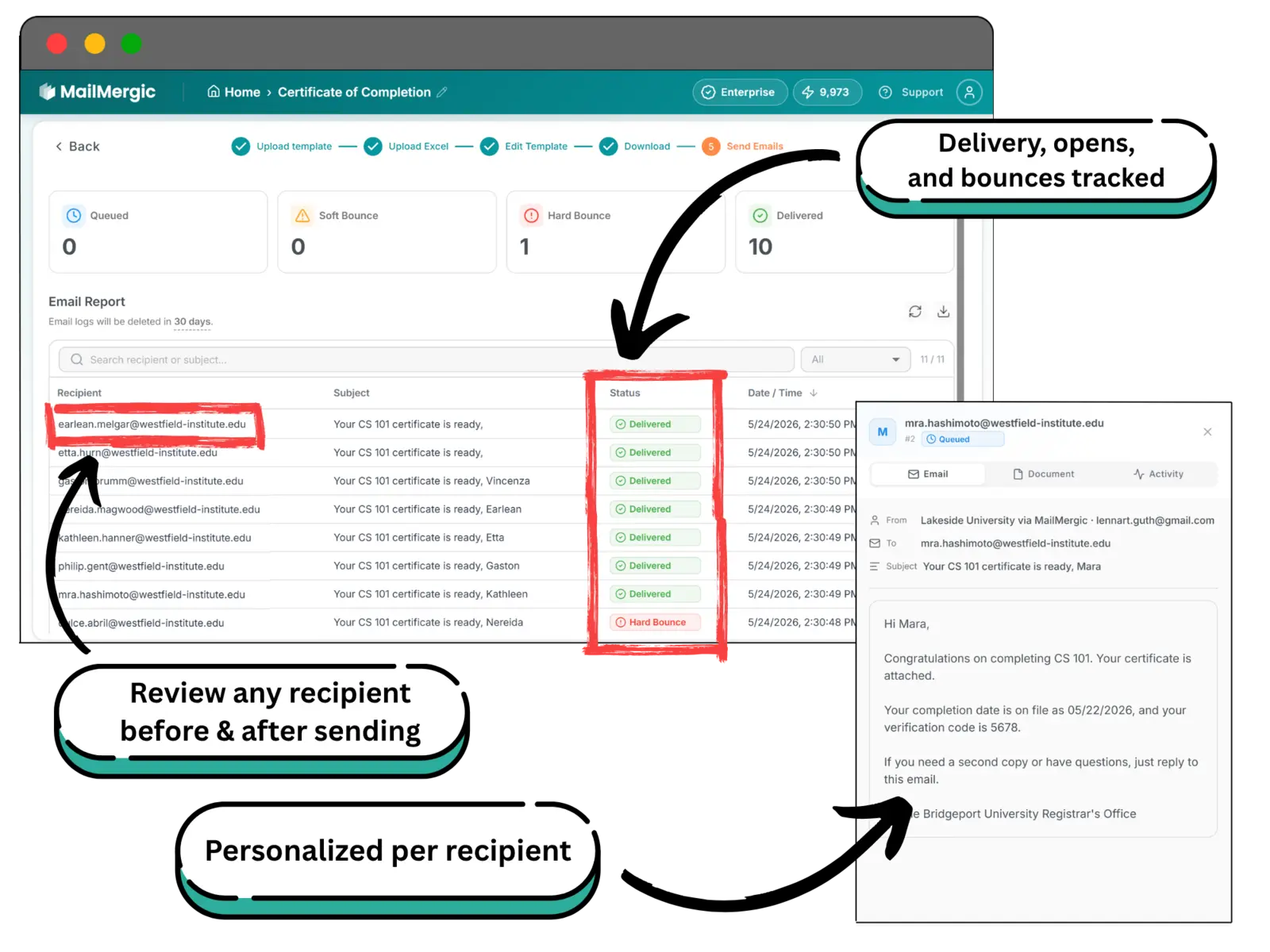 Das MailMergic-Zustellungs-Dashboard listet Empfänger mit Status-Labels für zugestellte, geöffnete und zurückgekommene E-Mails