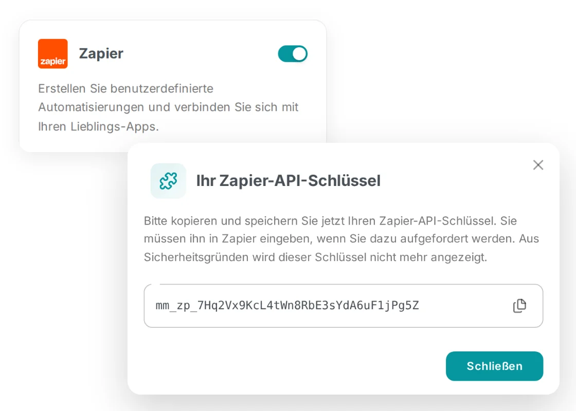 Der eingeschaltete Zapier-Schalter in MailMergic und der Dialog mit dem Zapier-API-Schlüssel zum Kopieren