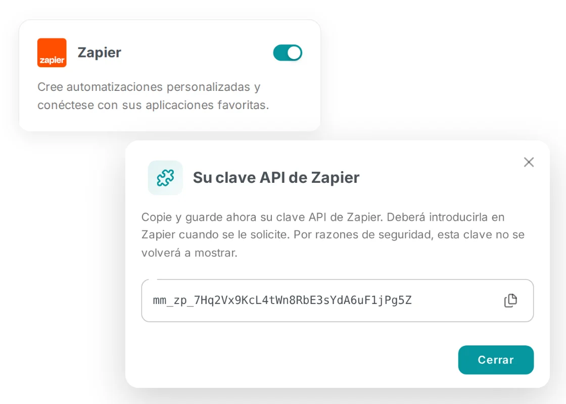 El interruptor de Zapier activado en MailMergic y la ventana que muestra la clave API de Zapier para copiar