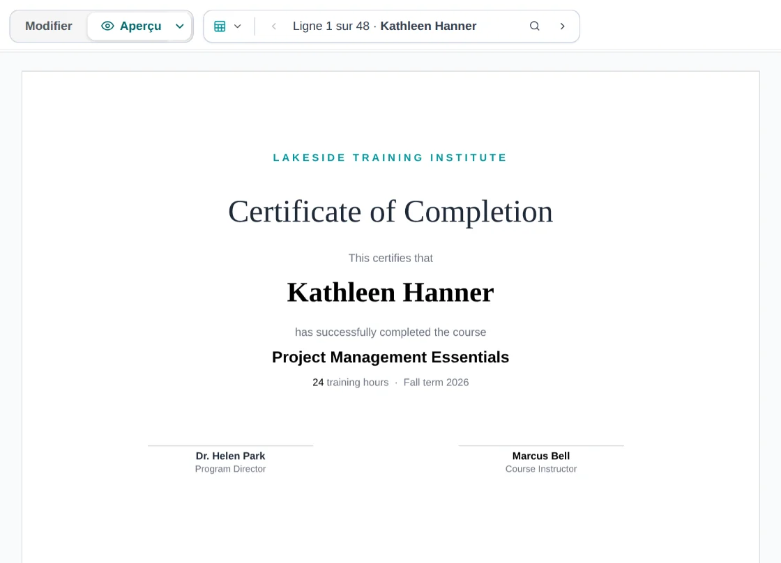 Un certificat de réussite dans l’éditeur MailMergic, en aperçu avec le nom Kathleen Hanner