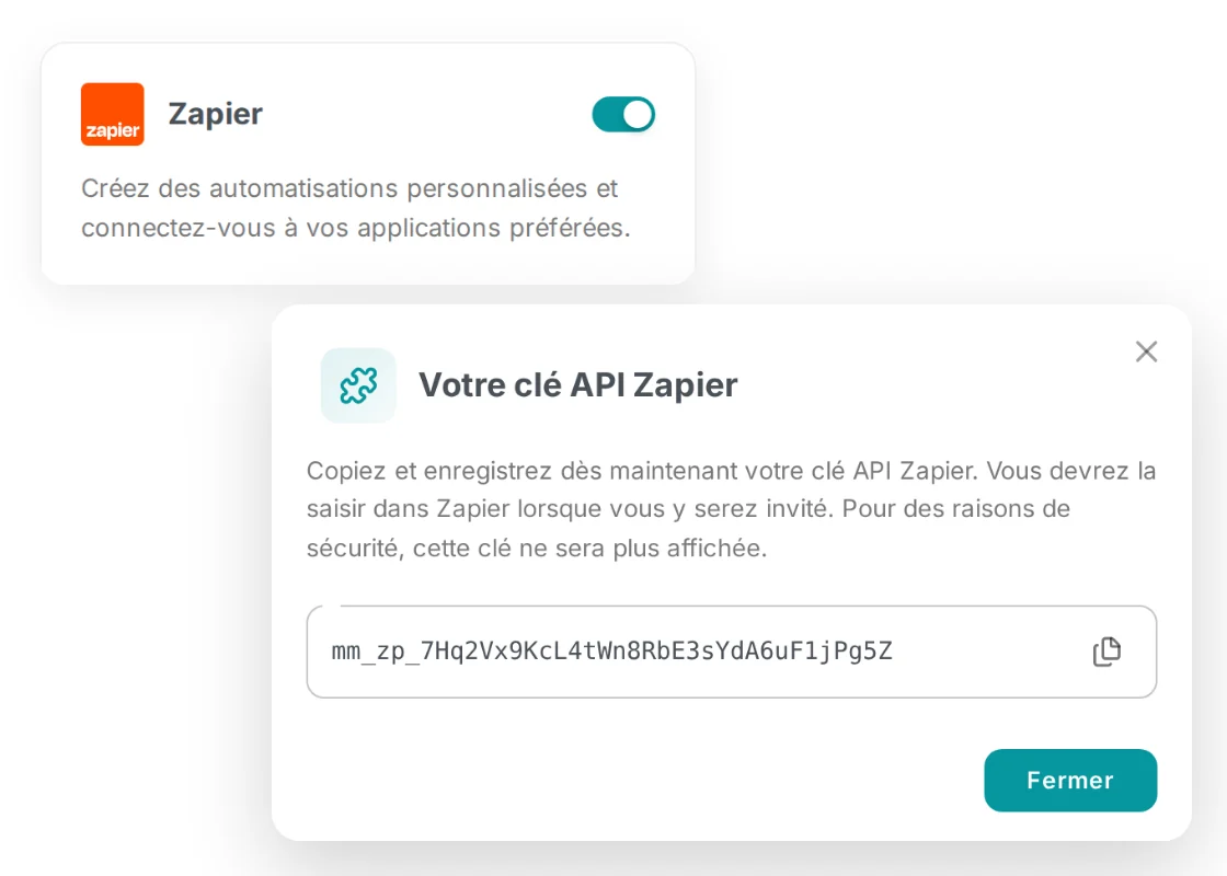 L’interrupteur Zapier activé dans MailMergic et la fenêtre qui affiche la clé API Zapier à copier
