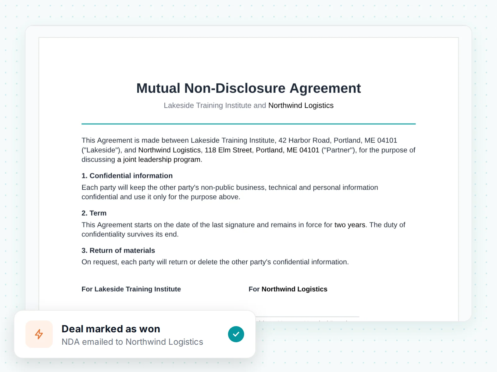 A mutual non-disclosure agreement with Northwind Logistics, emailed after a deal was marked as won