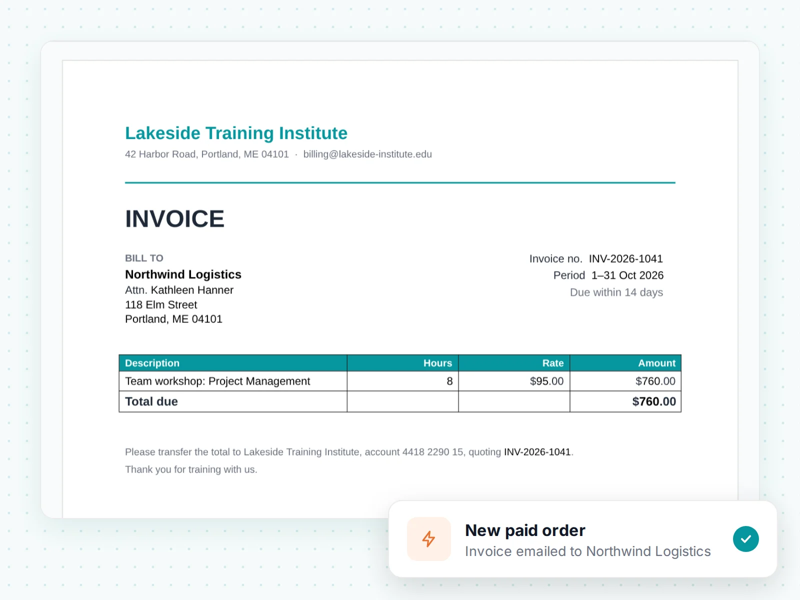 An invoice for Northwind Logistics, emailed after a new paid order