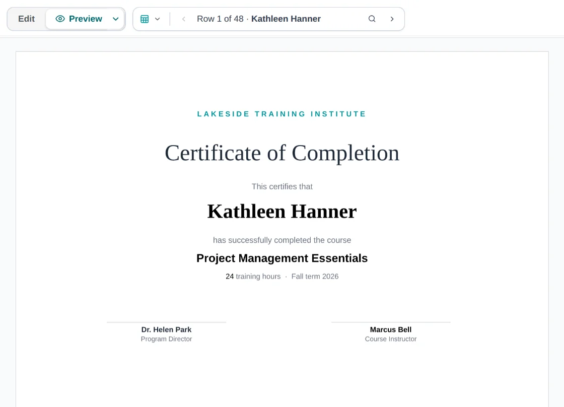 A certificate of completion in the MailMergic editor, previewed with the name Kathleen Hanner
