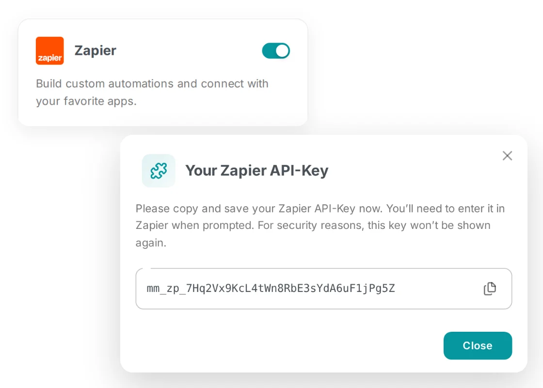 The Zapier switch turned on in MailMergic and the dialog showing the Zapier API key to copy