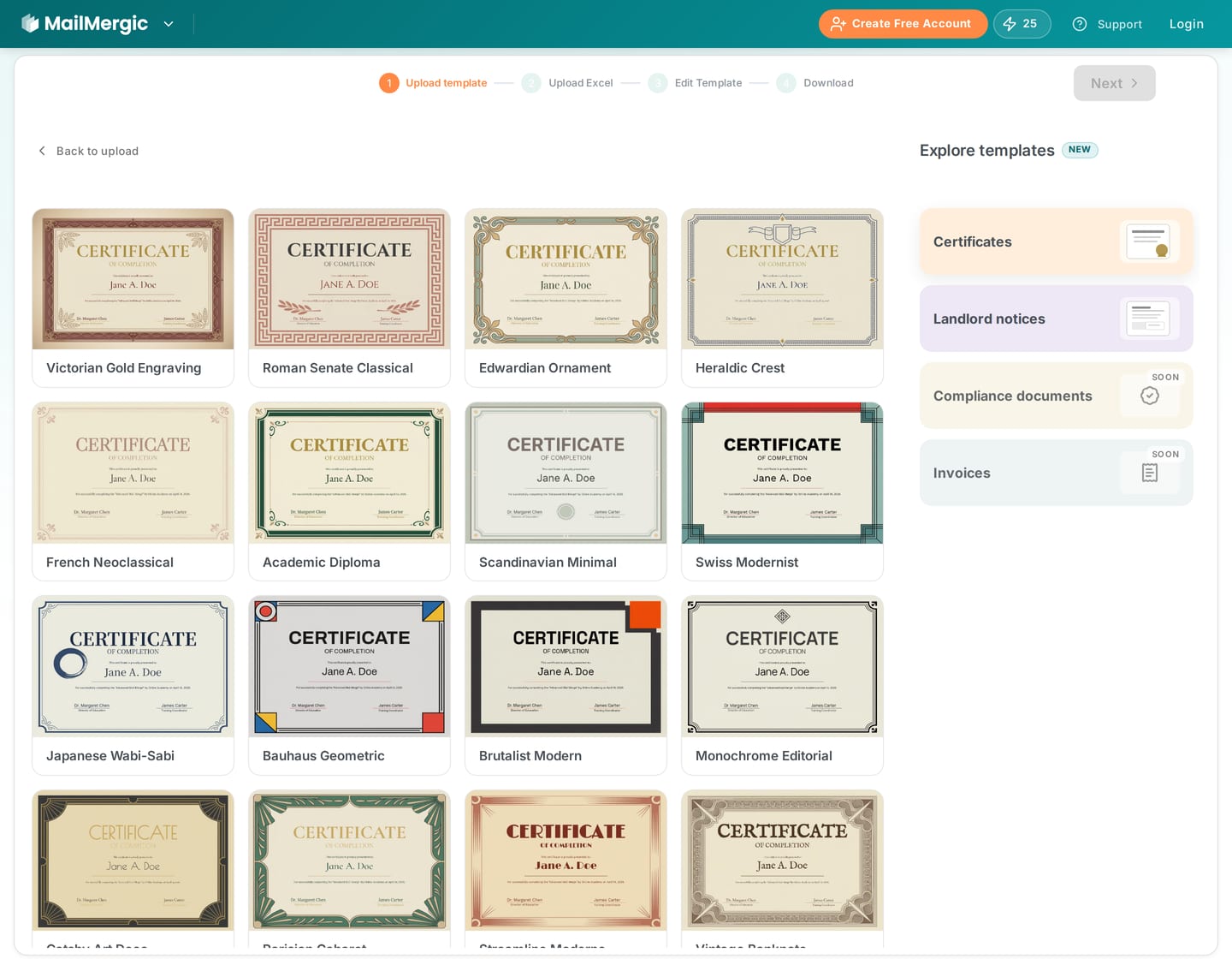 Thirty ready-made certificate templates, plus landlord notices. Pick one instead of starting from a blank page.