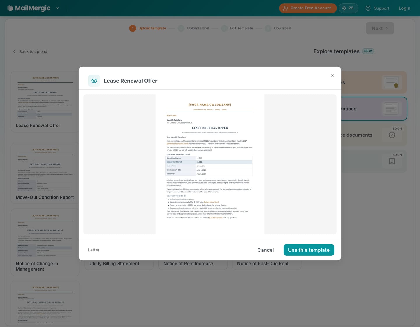 Every template previews before you use it, with its merge fields listed.