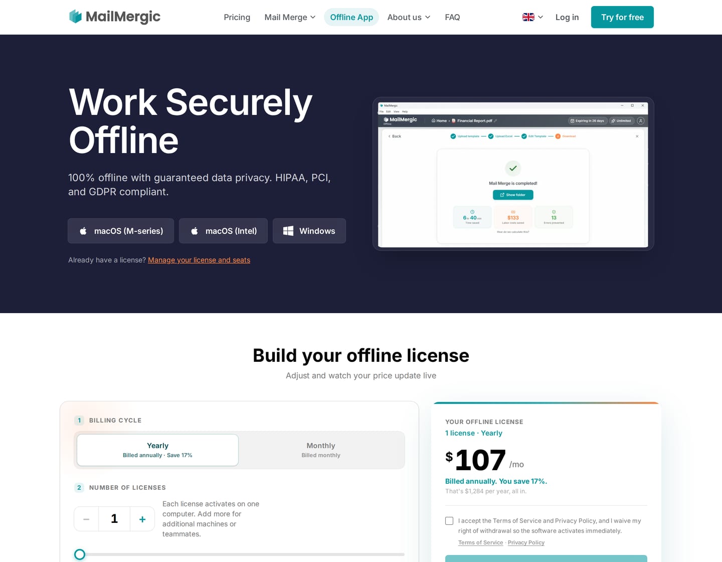 The desktop app runs the whole mail merge locally. Your Excel data and the documents it generates never leave the machine.