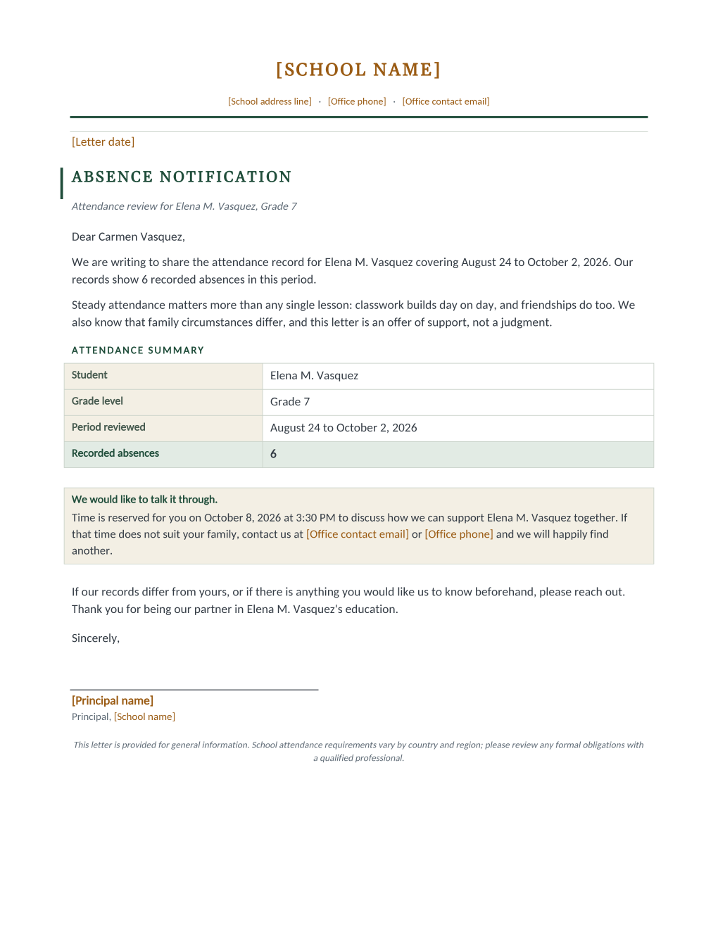 Rendered absence notification letter: school letterhead, an attendance summary table with a highlighted recorded absences row, and a boxed meeting invitation with a reserved date and time