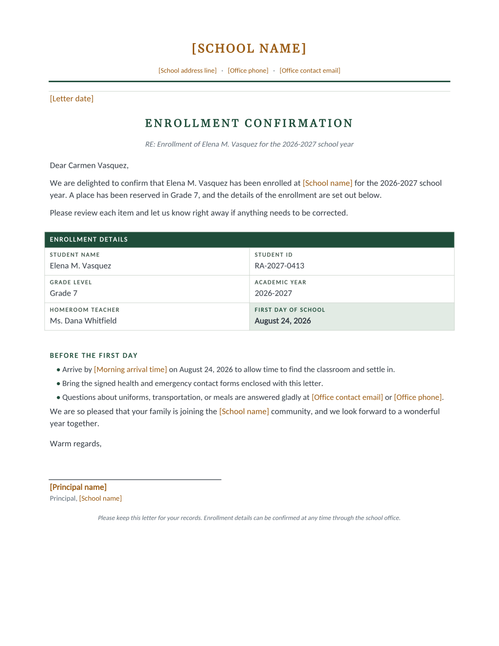 Rendered enrollment confirmation letter: school letterhead, a dark green enrollment details table with student ID, grade, homeroom, and a highlighted first day of school, and a before-the-first-day checklist