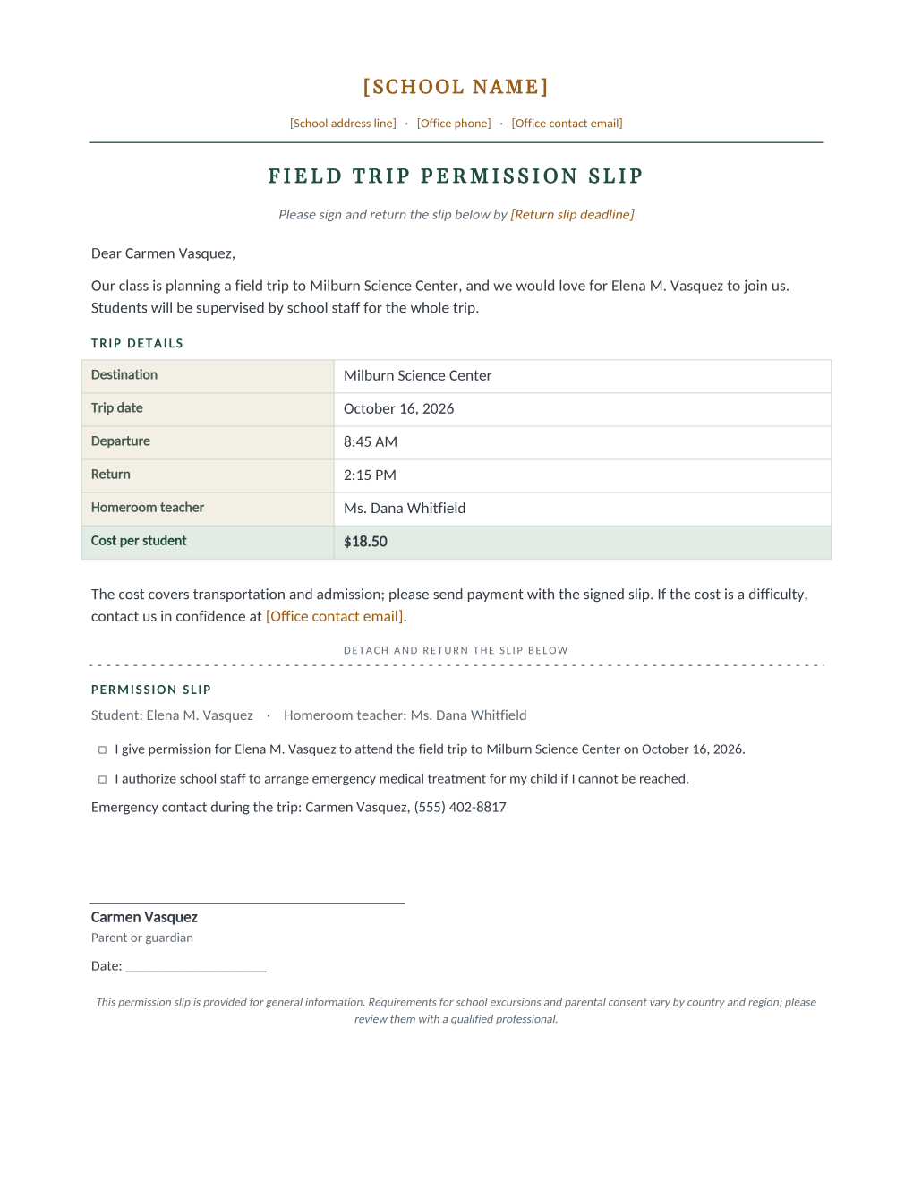 Rendered field trip permission slip: a trip details table with destination, times, and cost, a dashed detach line, and a return stub with two consent checkboxes and a pre-filled emergency contact line