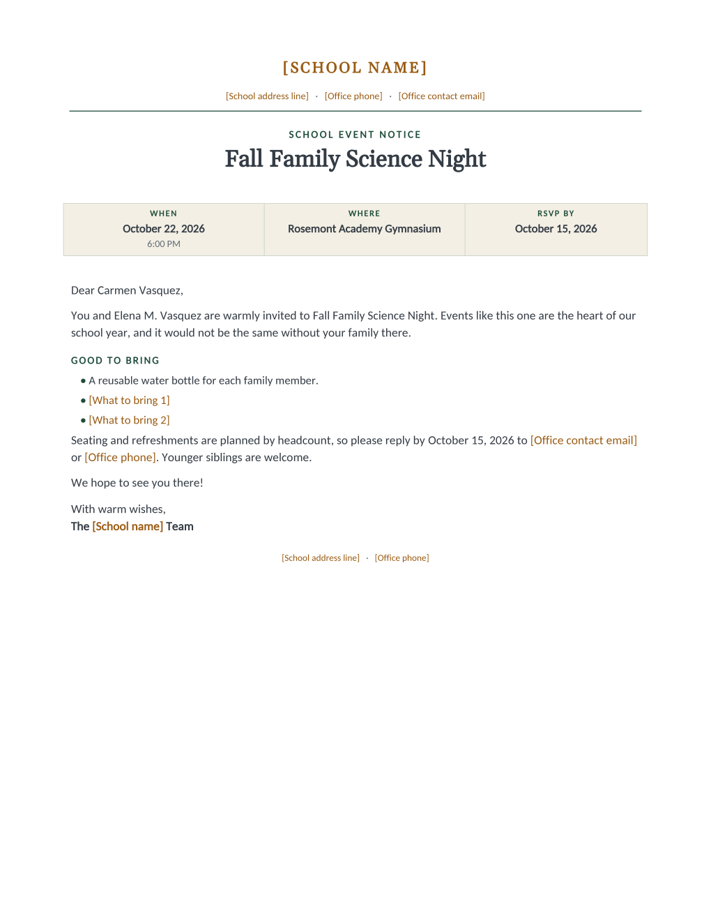 Rendered school event notice: the event name in large type under a notice eyebrow, a three-column when, where, and RSVP band, a good-to-bring list, and a warm letter naming the parent and student