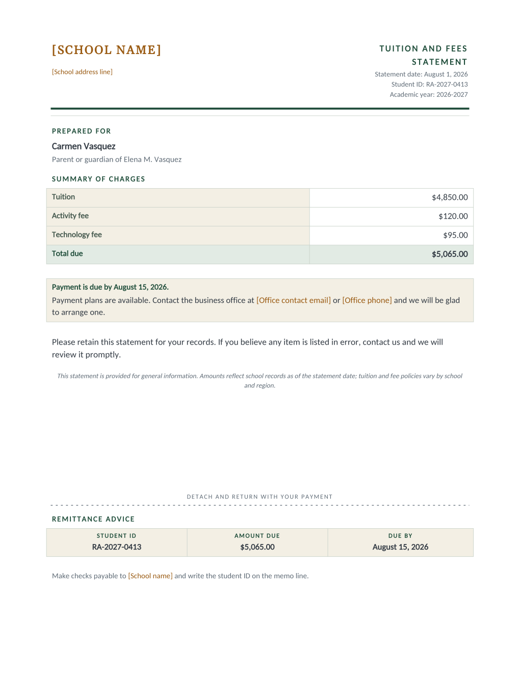 Rendered tuition and fees statement: header with statement date and student ID, a summary of charges table with a highlighted total due, a payment note box, and a detachable remittance advice stub